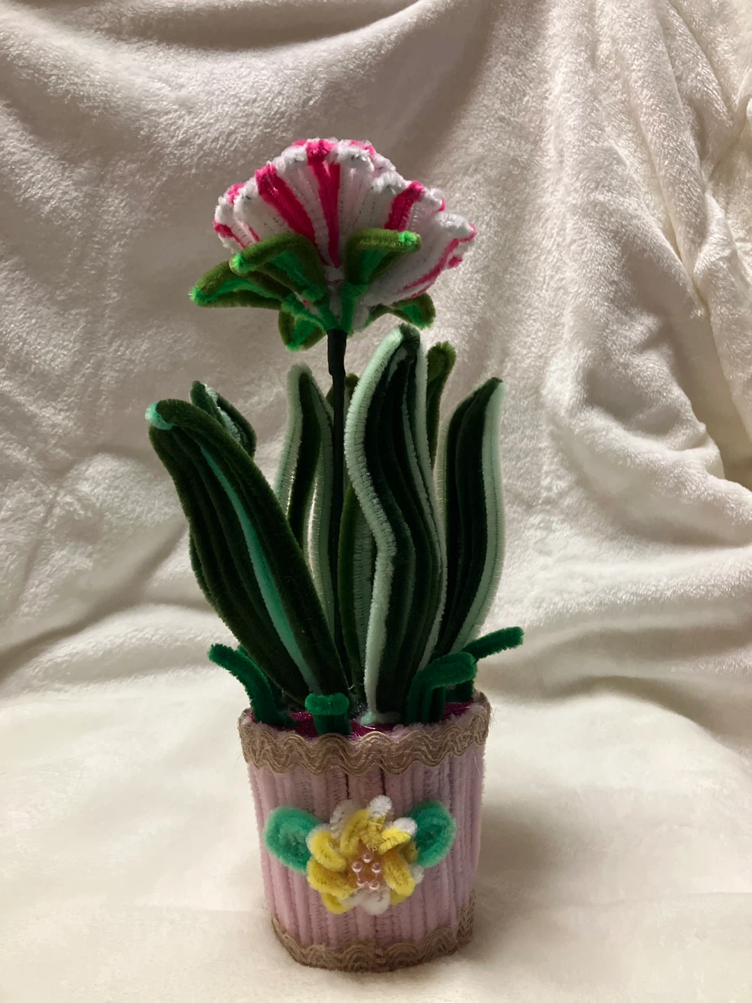 Pink and White Pipe Cleaner Flower in Pot