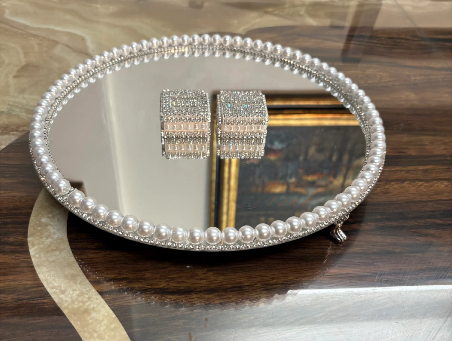 Round Mirror Tray with Faux Pearls & silver rhinestone Border