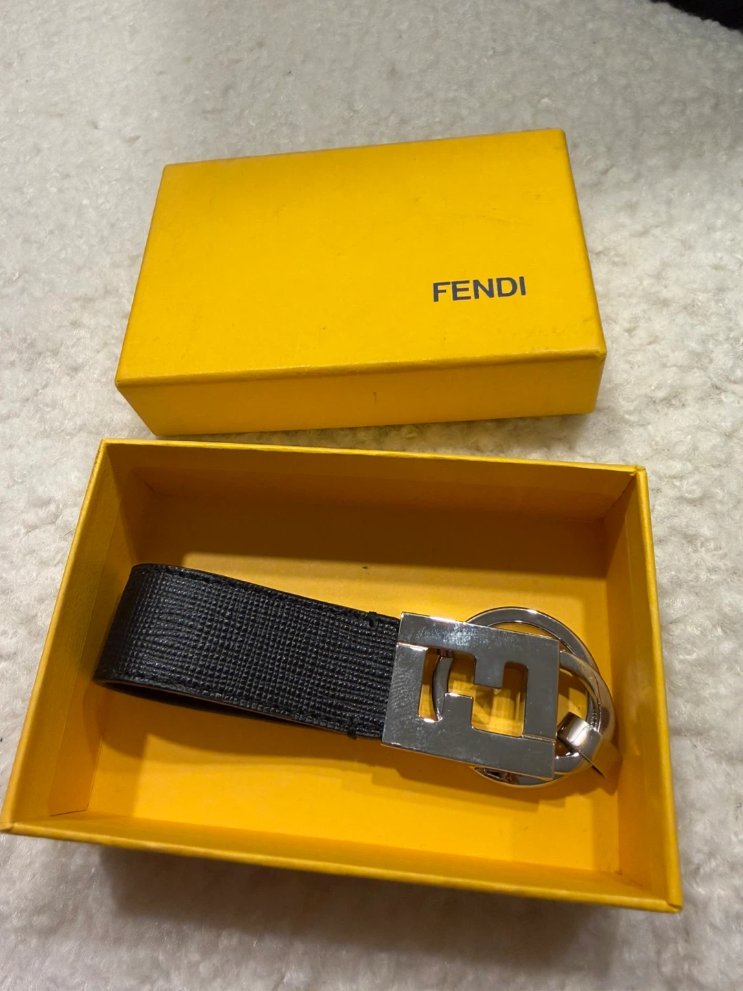 Fendi Black Leather F Logo Keychain