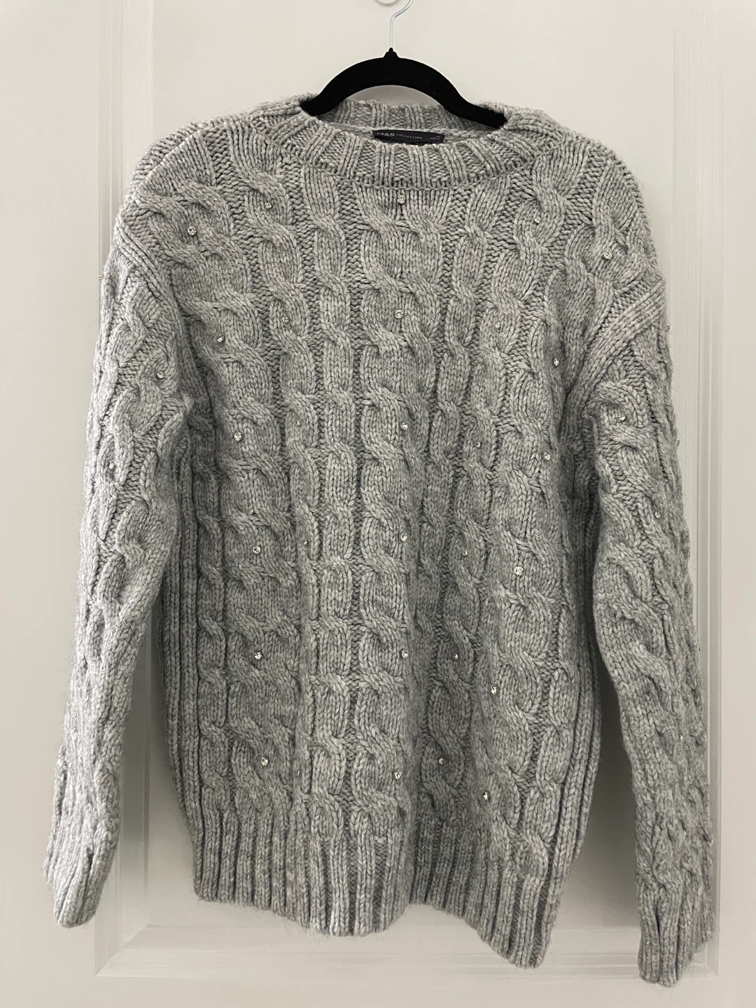 M&S Grey Marled Cable Knit Sweater with Embellishments - Medium