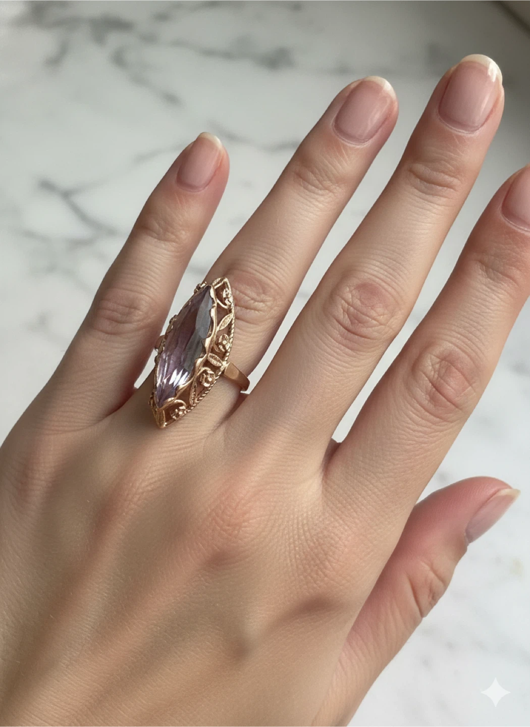 14 k Vintage Marquise Cut Amethyst Ring in Rose Gold Setting - photo 3