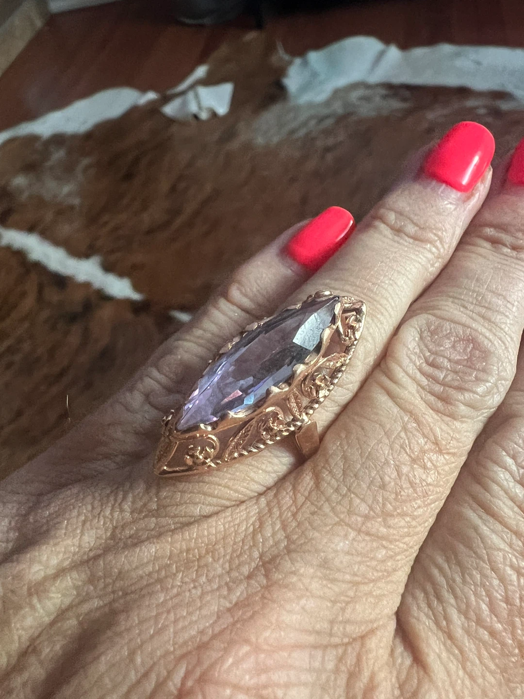 14 k Vintage Marquise Cut Amethyst Ring in Rose Gold Setting - photo 5