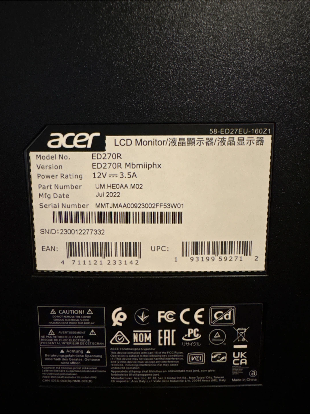 Acer 27” Curved LCD Monitor - photo 2