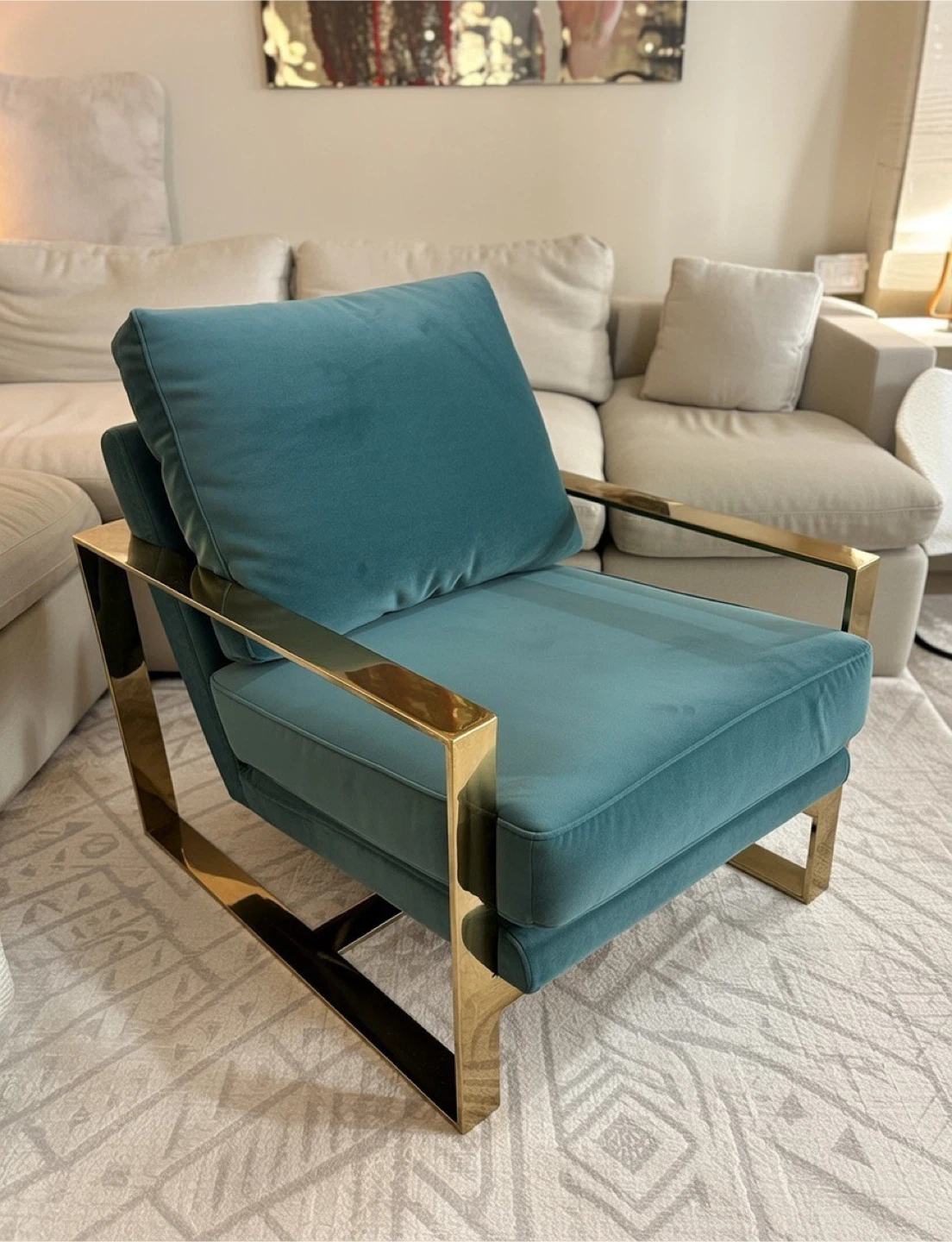 Teal Velvet Armchair with Gold Frame and Ottoman