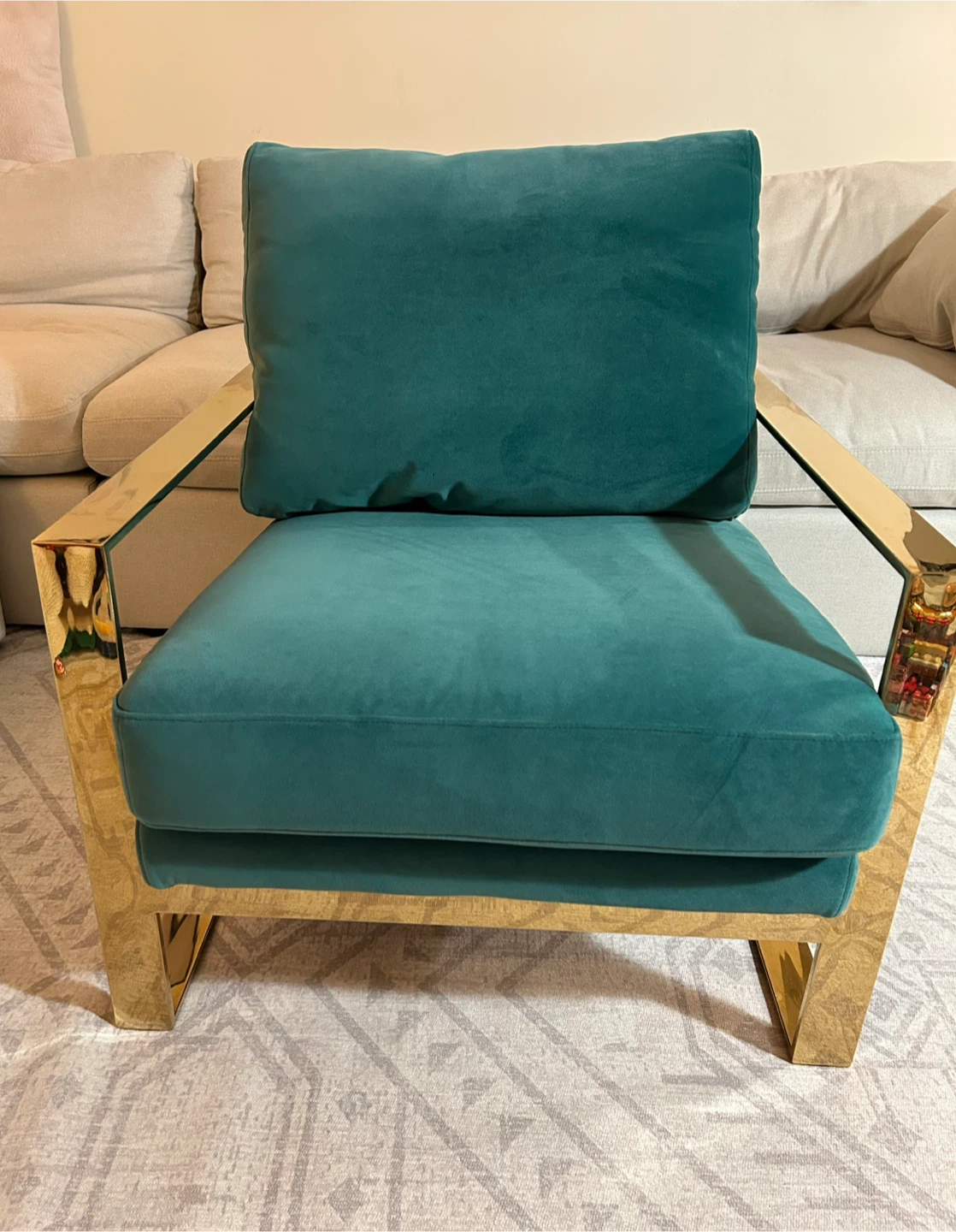 Teal Velvet Armchair with Gold Frame and Ottoman - photo 2