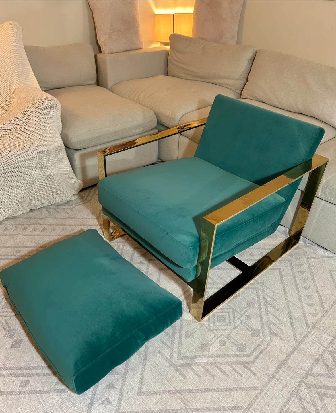 Teal Velvet Armchair with Gold Frame and Ottoman - photo 3