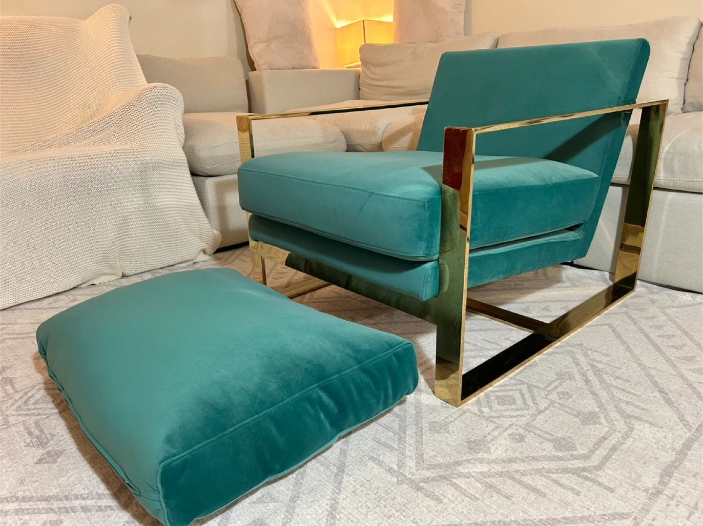 Teal Velvet Armchair with Gold Frame and Ottoman - photo 4