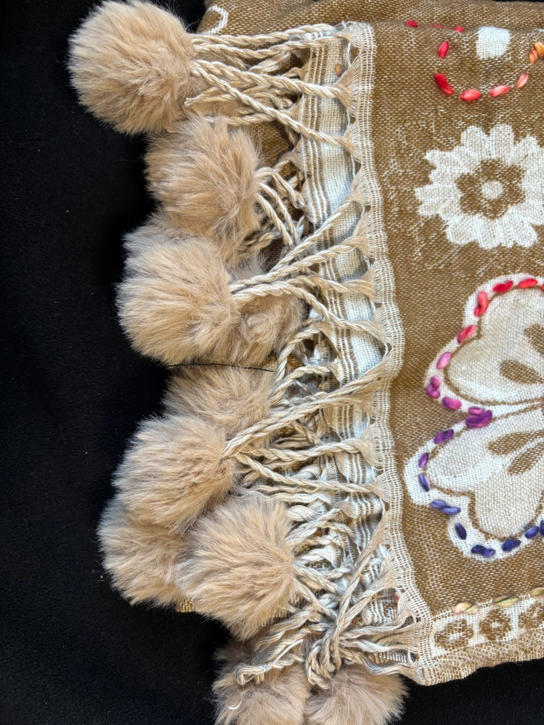 ladies Brown Floral Scarf with Faux Fur Pom Poms - photo 3