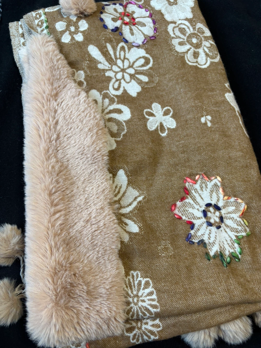 ladies Brown Floral Scarf with Faux Fur Pom Poms - photo 2