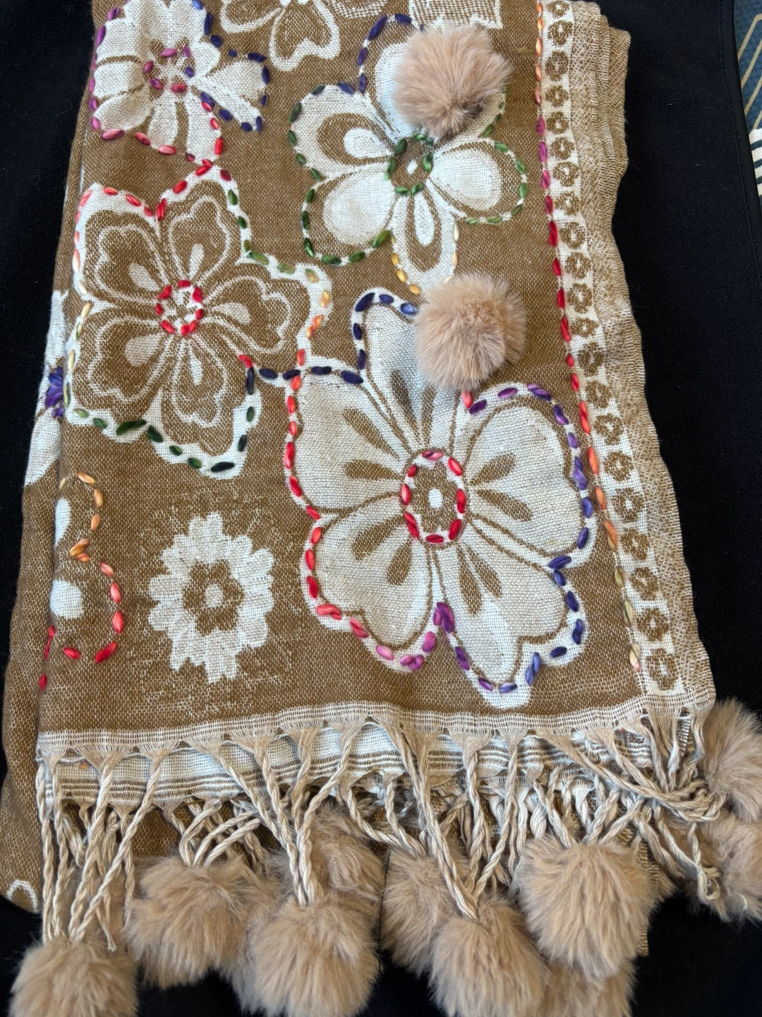 ladies Brown Floral Scarf with Faux Fur Pom Poms