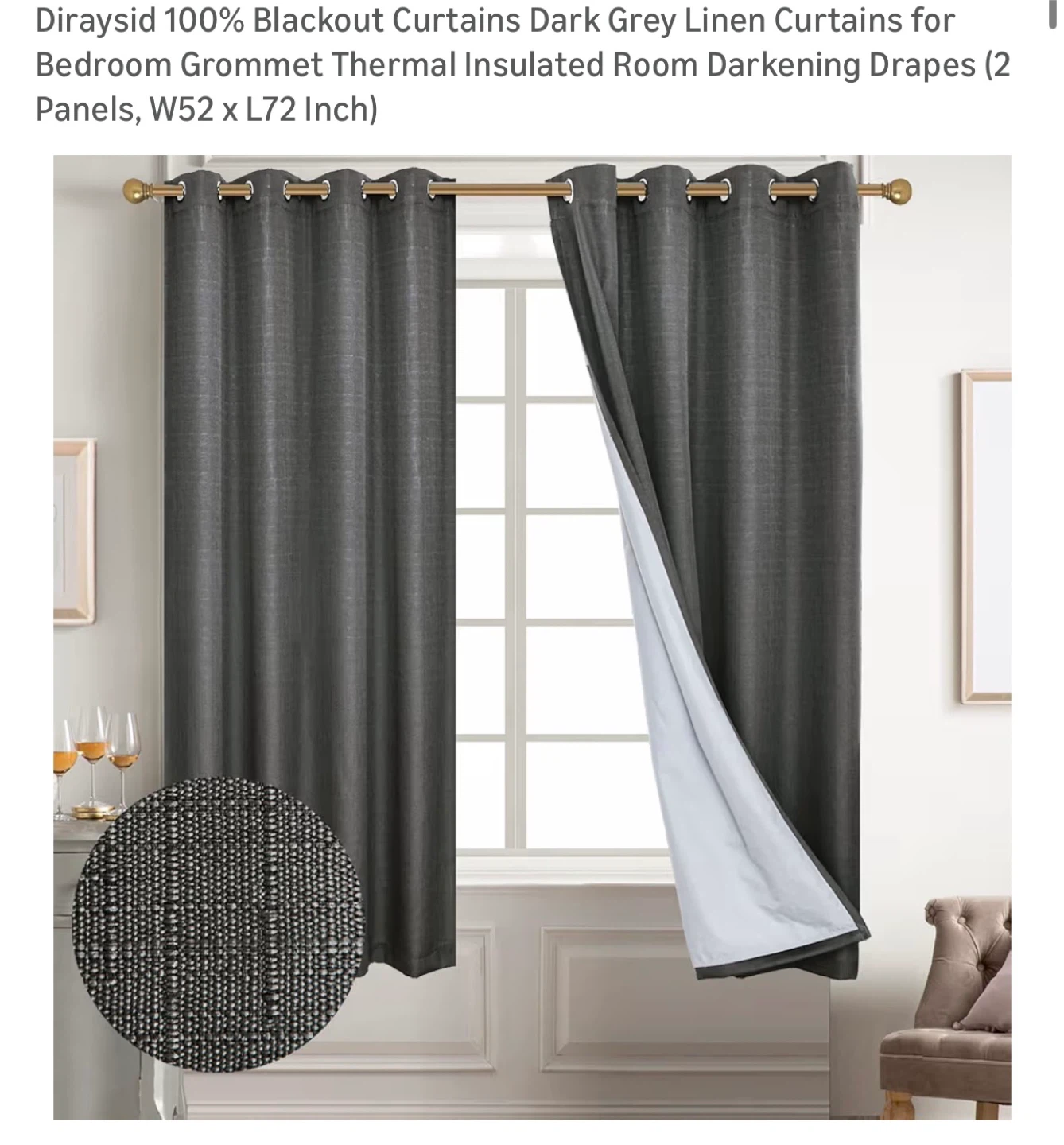 LIKE NEW! Diraysid Curtains - Dark Grey Linen, 2 piece, 72*52
