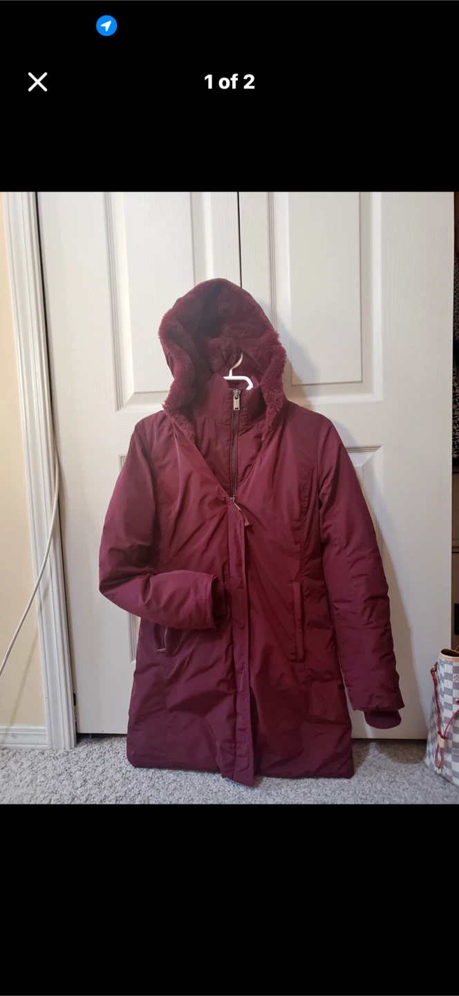 Babaton Maroon Winter Parka Coat with Fur Hood