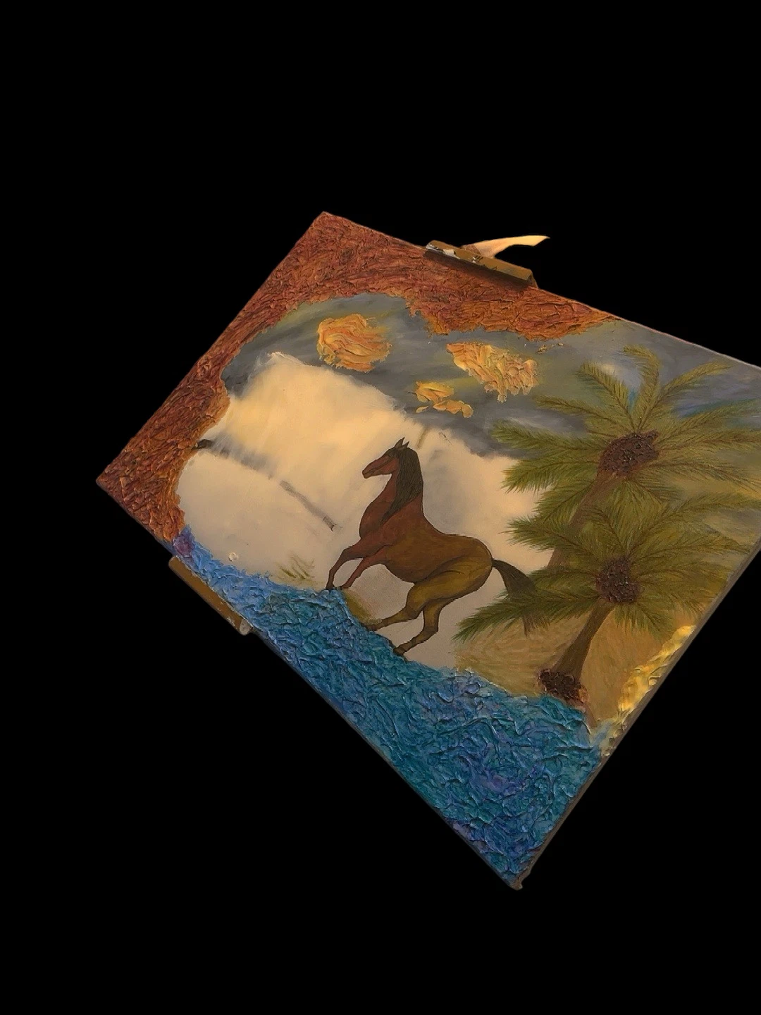 Textured Painting of a Horse by a Water Feature
