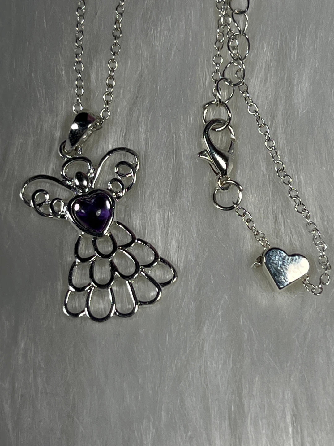 Silver Tone Angel Pendant Necklace with Purple Heart Gemstone - photo 5