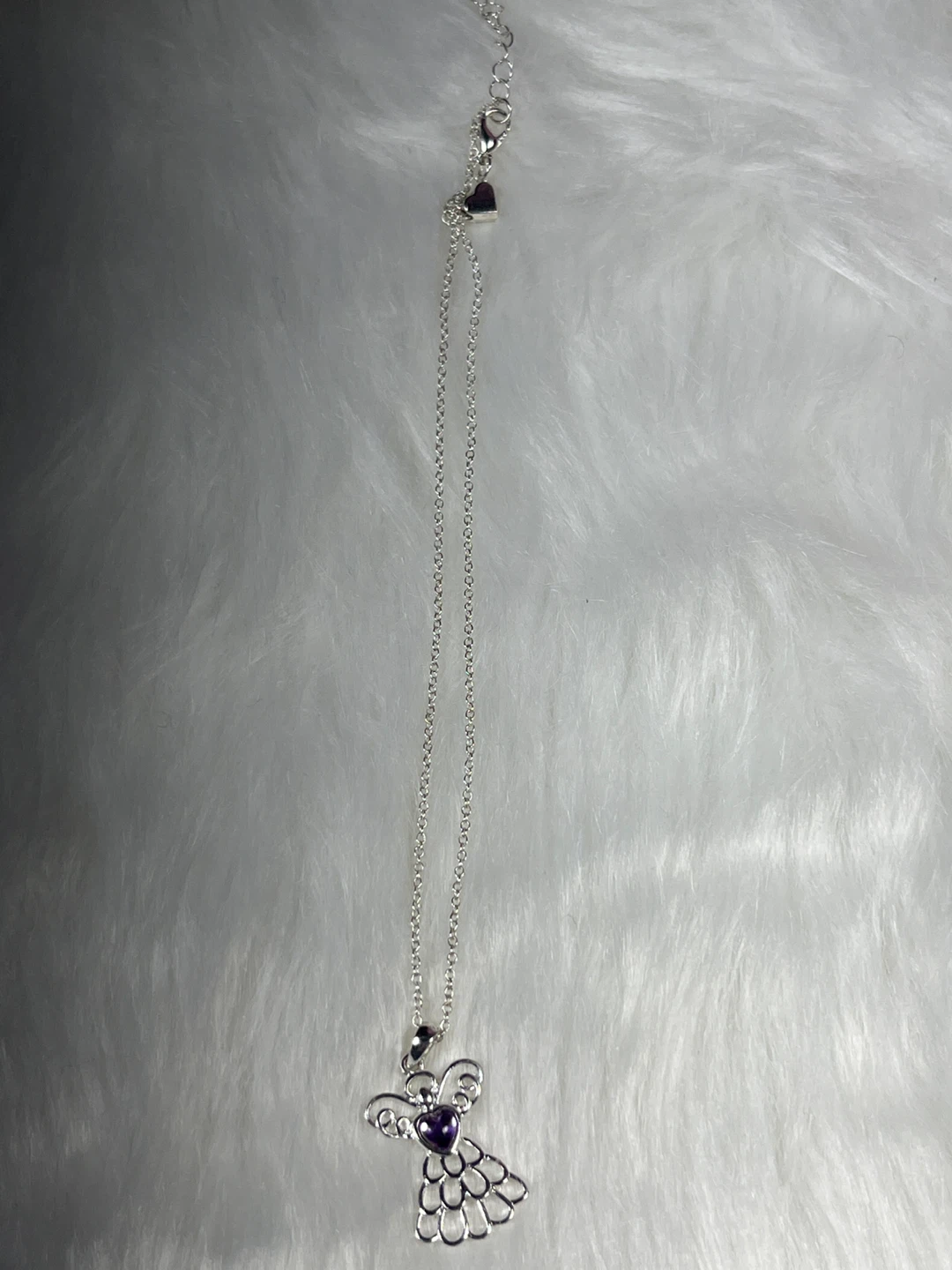 Silver Tone Angel Pendant Necklace with Purple Heart Gemstone - photo 4