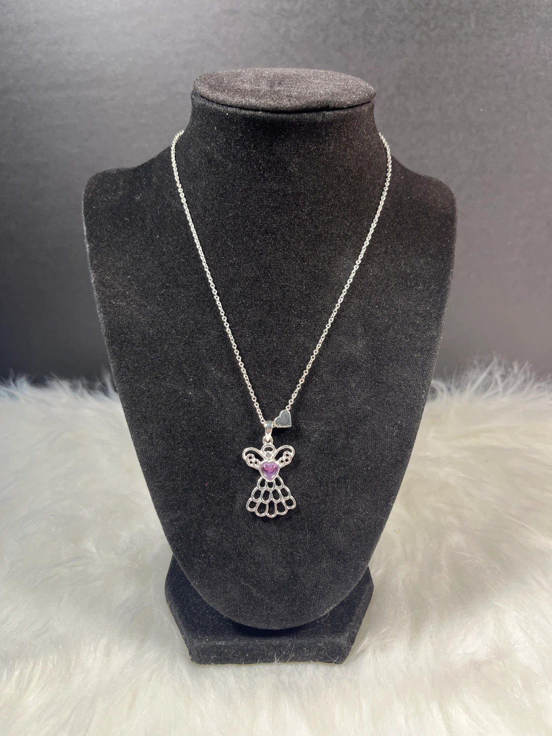 Silver Tone Angel Pendant Necklace with Purple Heart Gemstone
