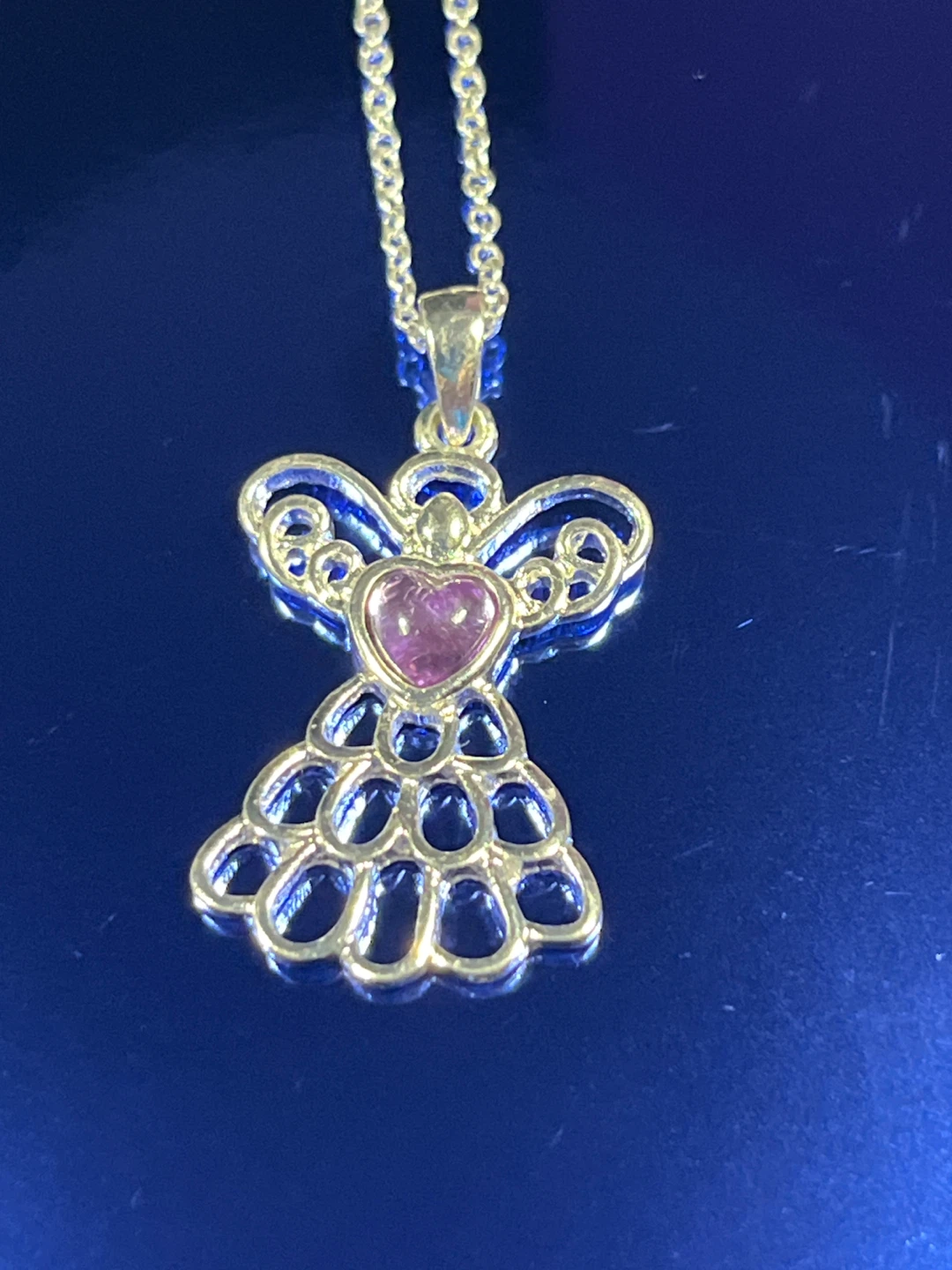 Silver Tone Angel Pendant Necklace with Purple Heart Gemstone - photo 3