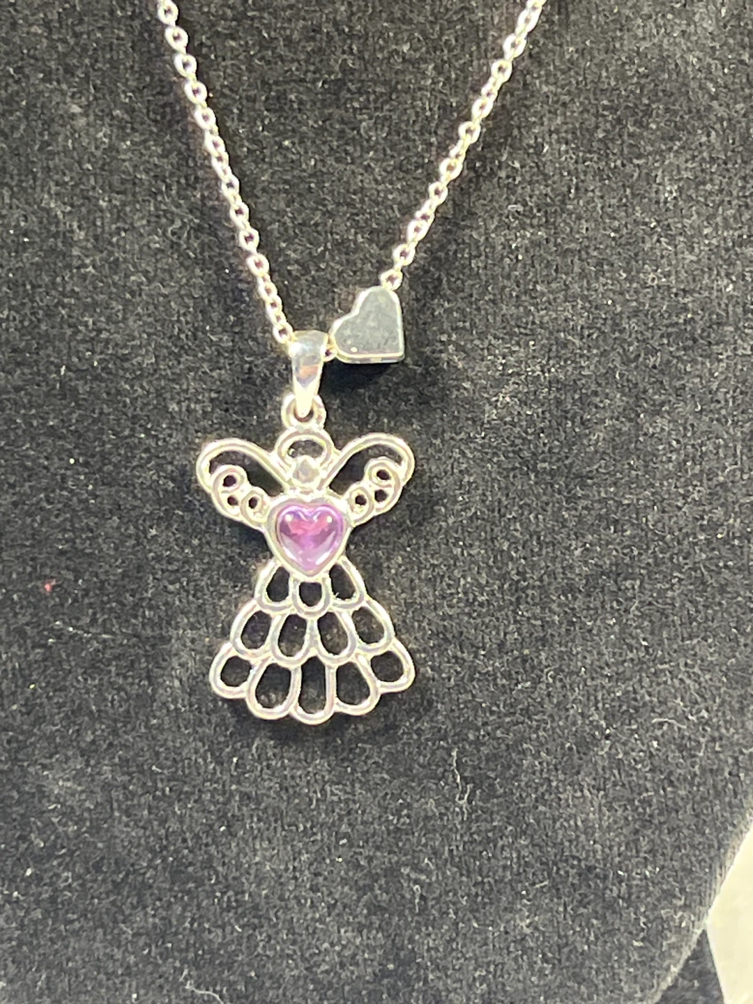 Silver Tone Angel Pendant Necklace with Purple Heart Gemstone - photo 2