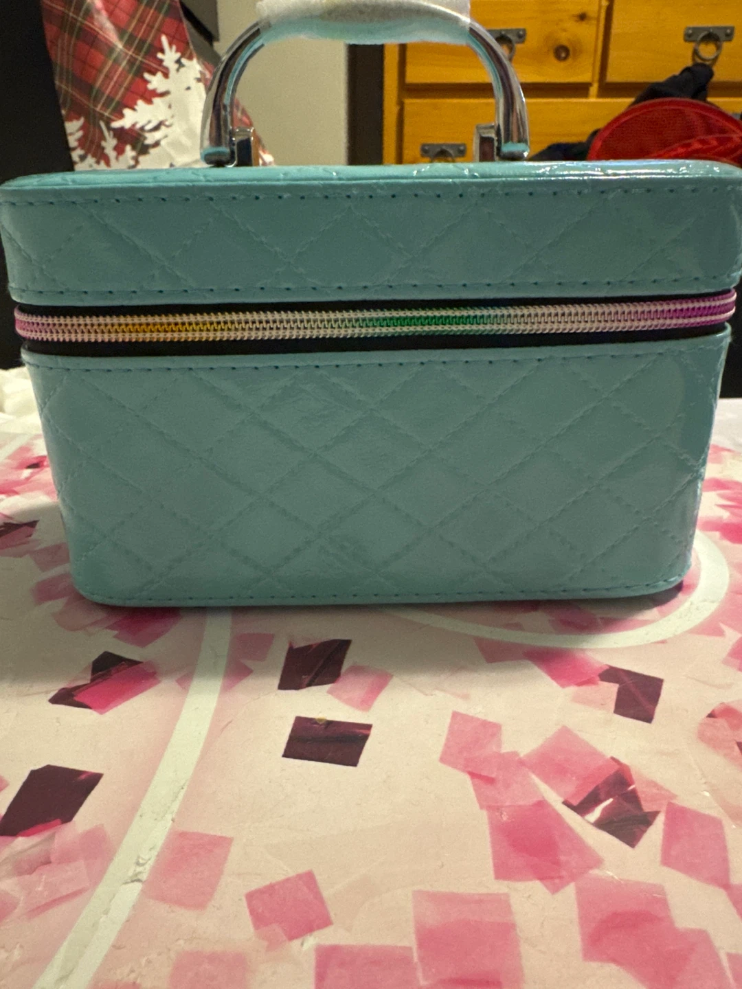 Blue Quilted Makeup Vanity Case with Mirror