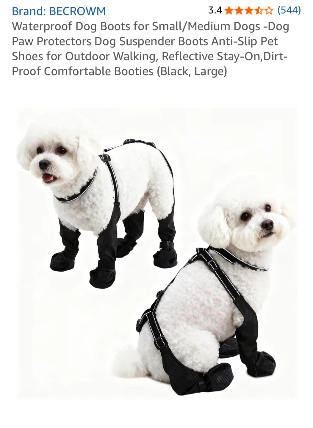BECROWM Waterproof Dog Boots - Large (size adjustable), Black