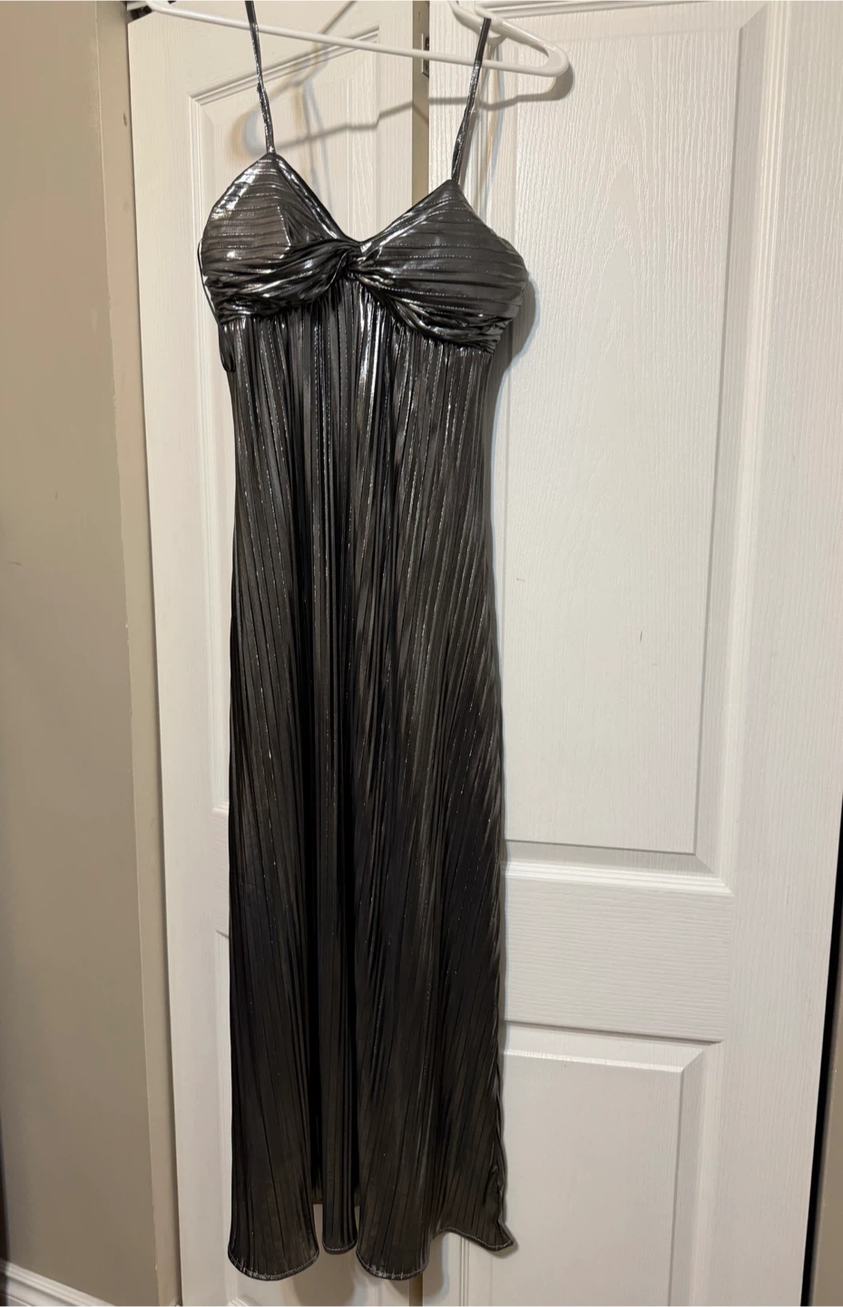 Metallic Silver Pleated Maxi Dress