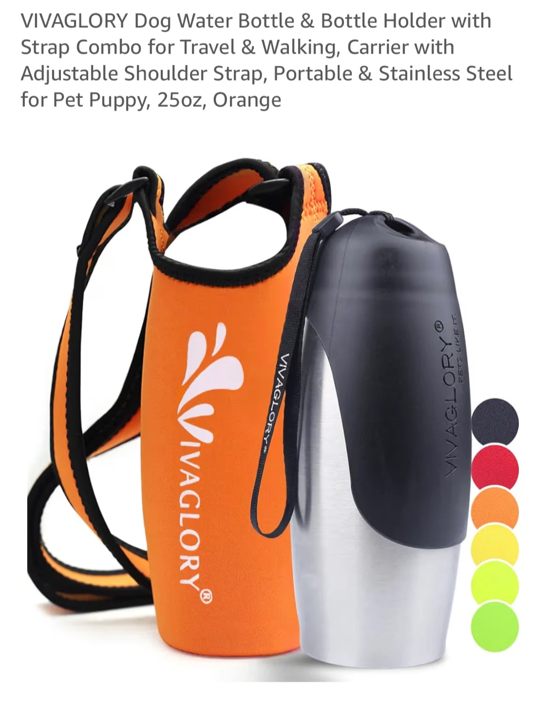 VIVAGLORY Dog Water Bottle & Holder Combo - Orange, 25oz