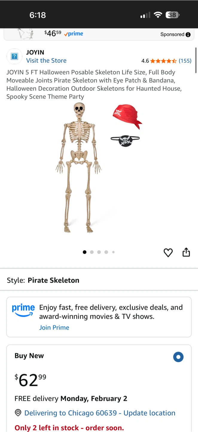 JOYIN 5 FT Poseable Skeleton with Eye Patch & Bandana - photo 2