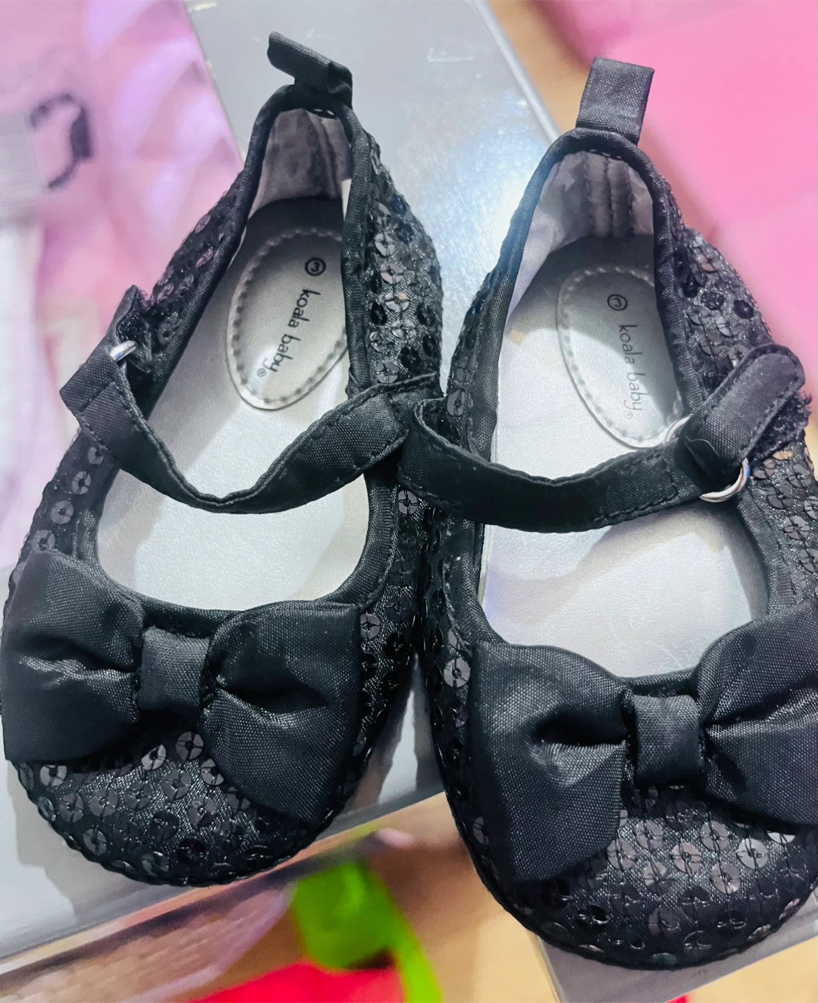 Koala Baby Black Sequin Mary Jane Crib Shoes with Bow