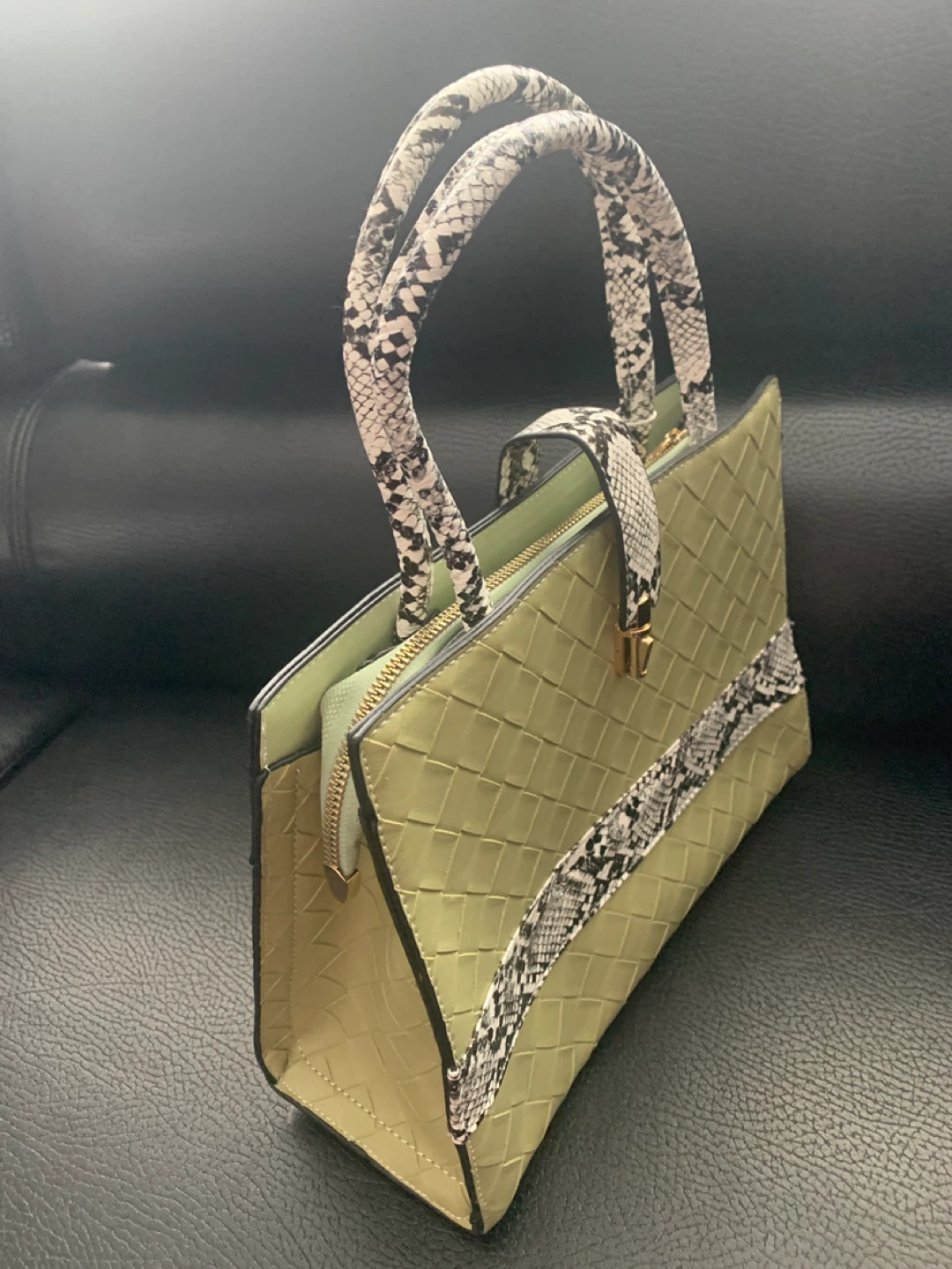 Olive Green Woven Handbag with Snake Print Accents - photo 3