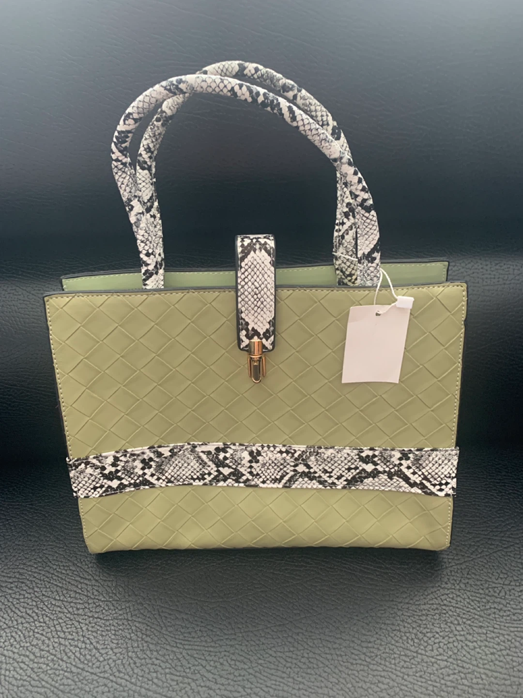 Olive Green Woven Handbag with Snake Print Accents - photo 2