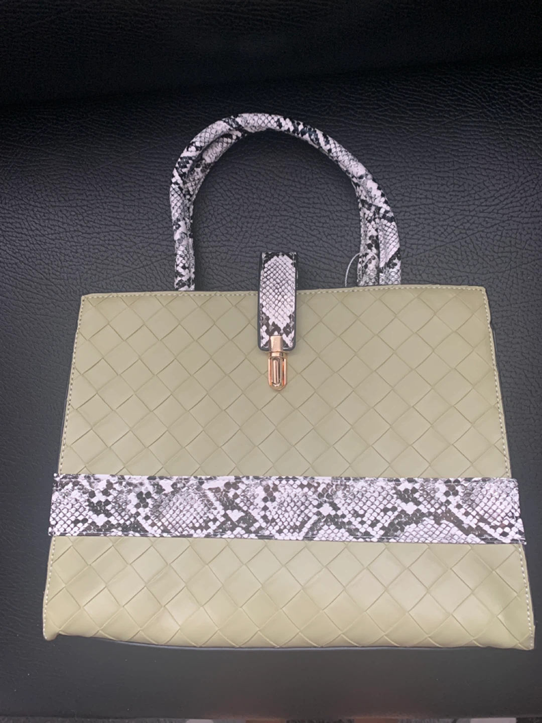 Olive Green Woven Handbag with Snake Print Accents