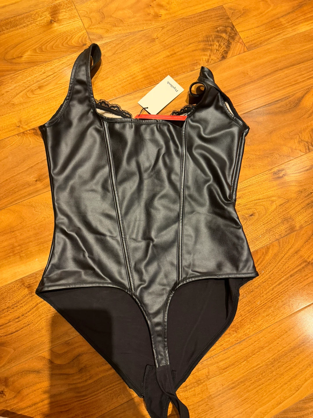 Popilush Faux Leather Corset Bodysuit with Lace Trim - Brand New - photo 2