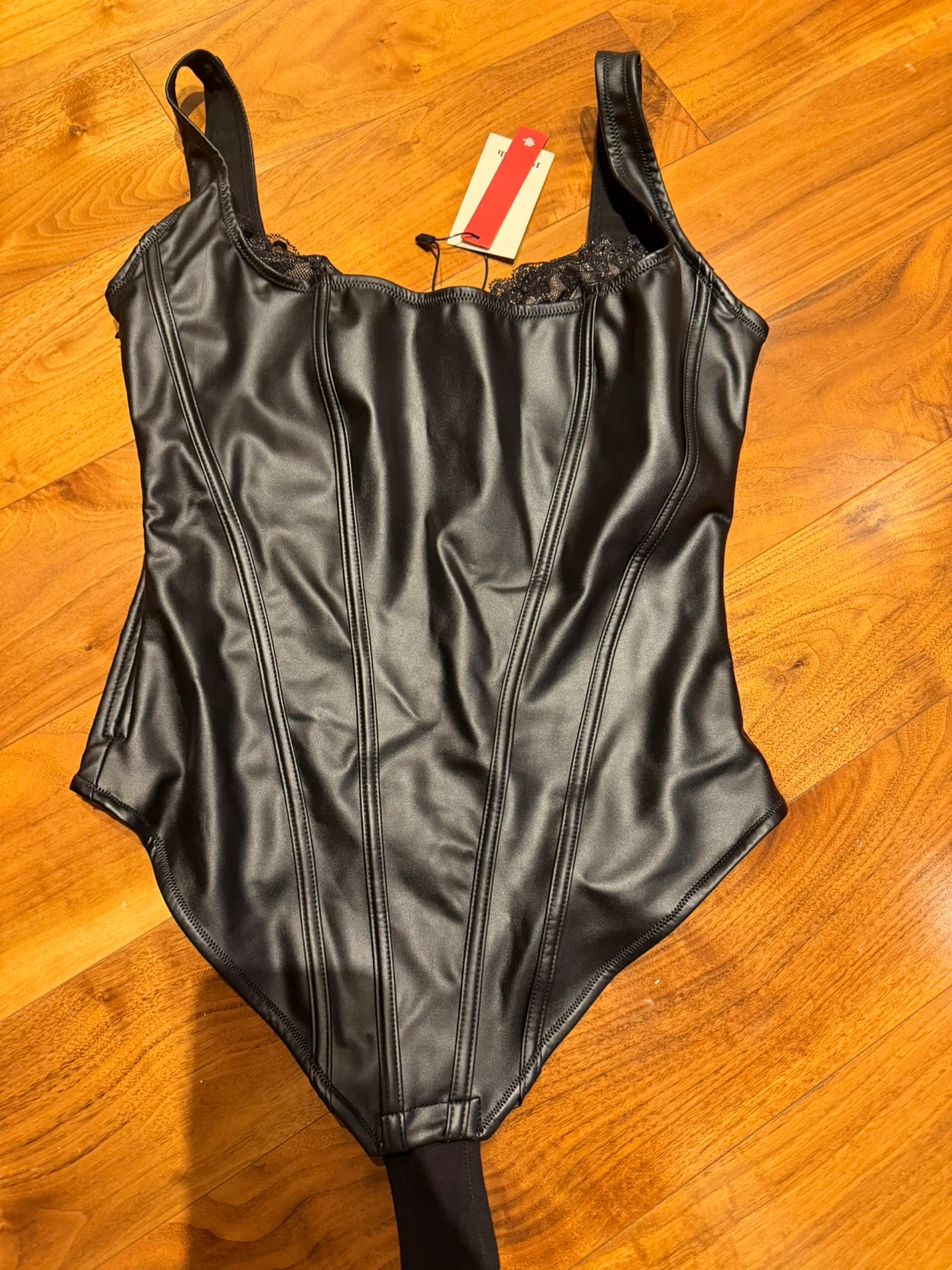 Popilush Faux Leather Corset Bodysuit with Lace Trim - Brand New