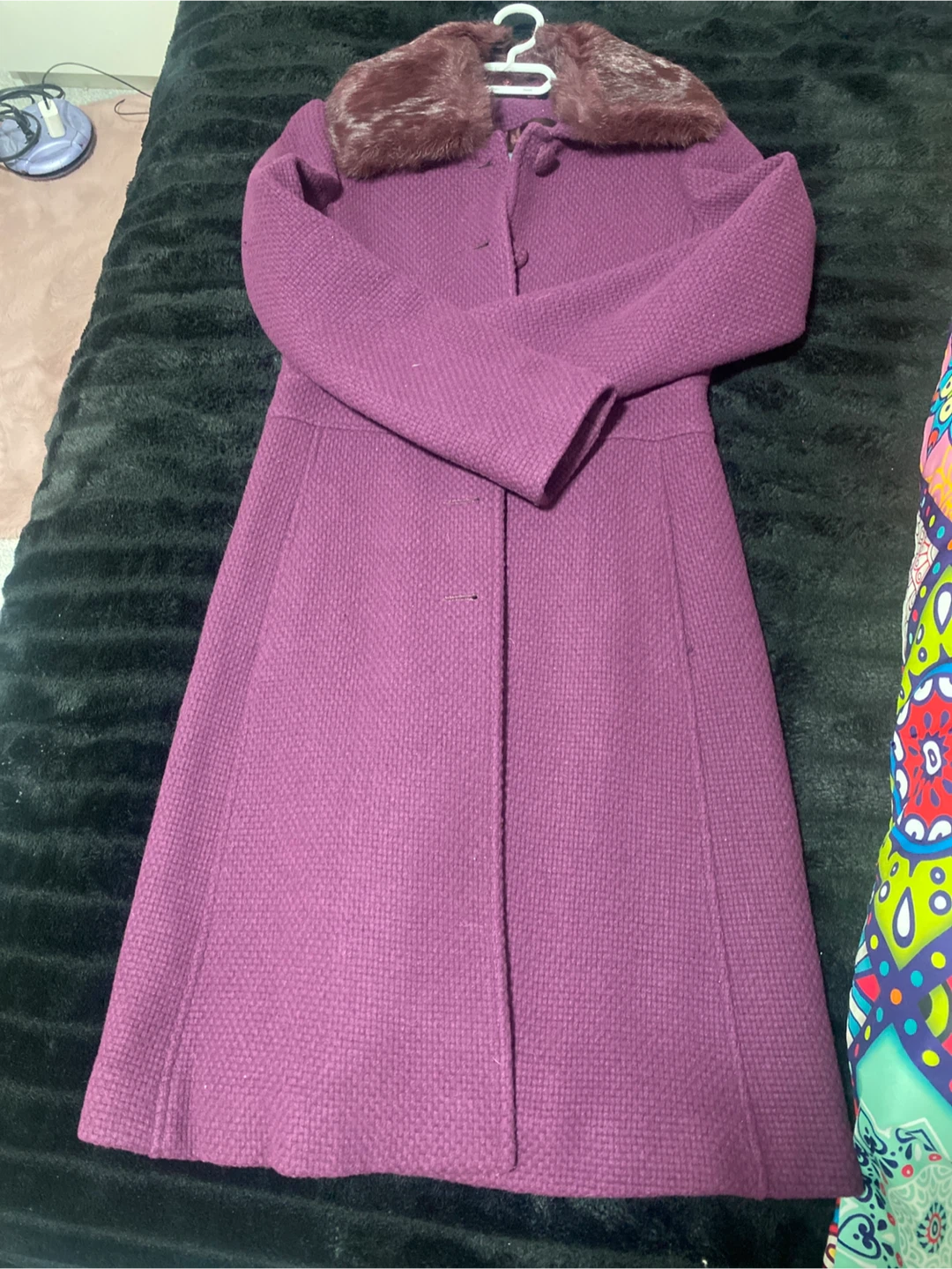 Guess by Marciano Purple Wool Coat with Faux Fur Collar