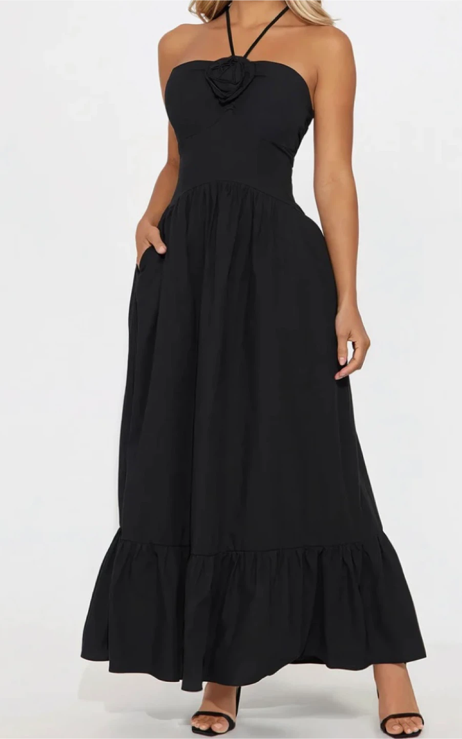Black Halter Neck Maxi Dress with Pockets