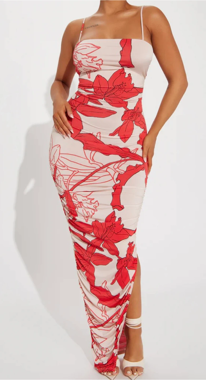 Floral Ruched Maxi Dress with Side Slit