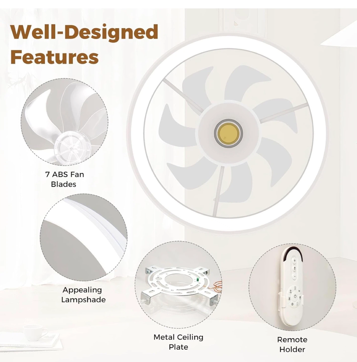White Modern Ceiling Fan with Light and Remote - photo 3