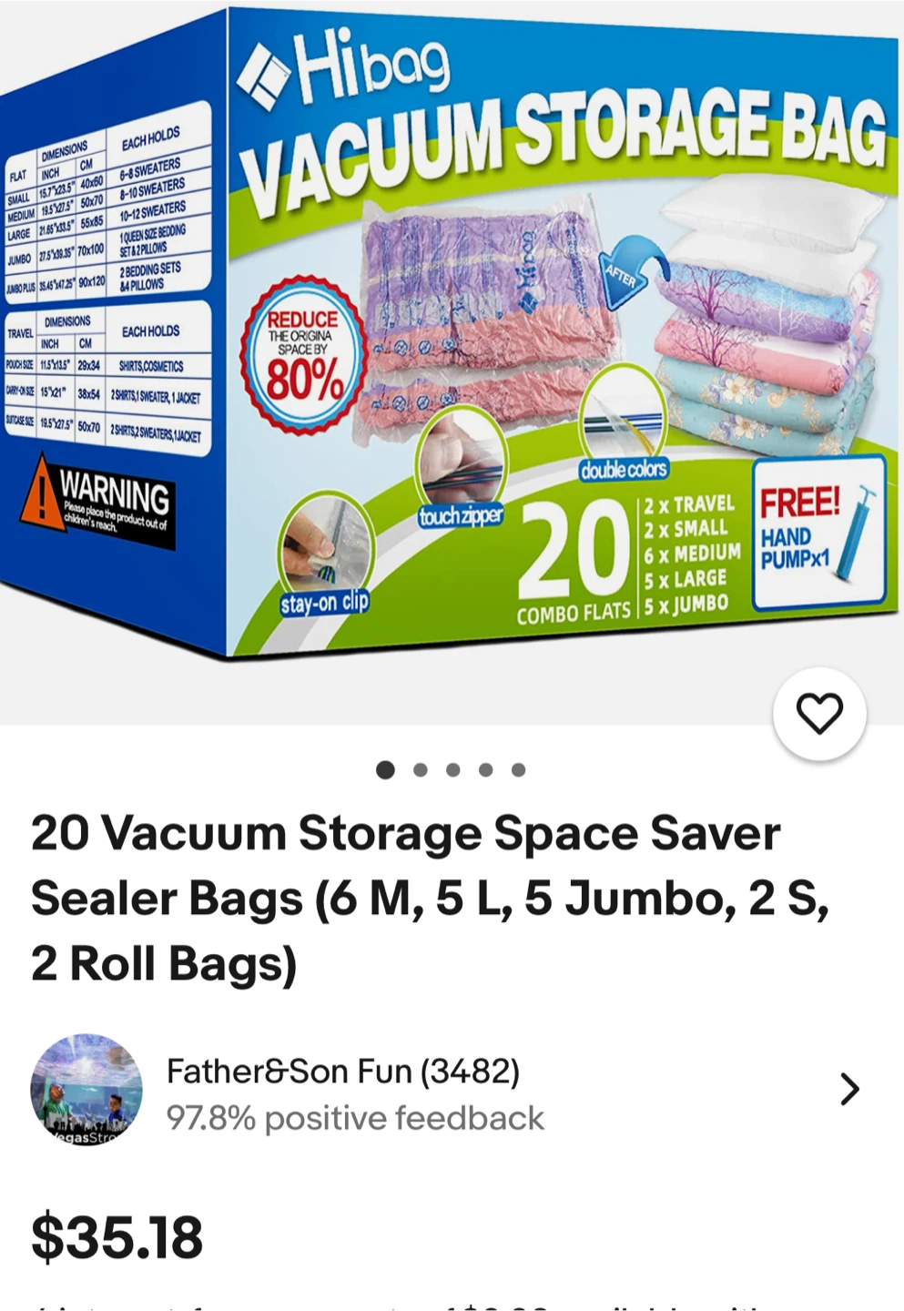 HiBag 20 Vacuum Storage Space Saver Sealer Bags Combo Flats