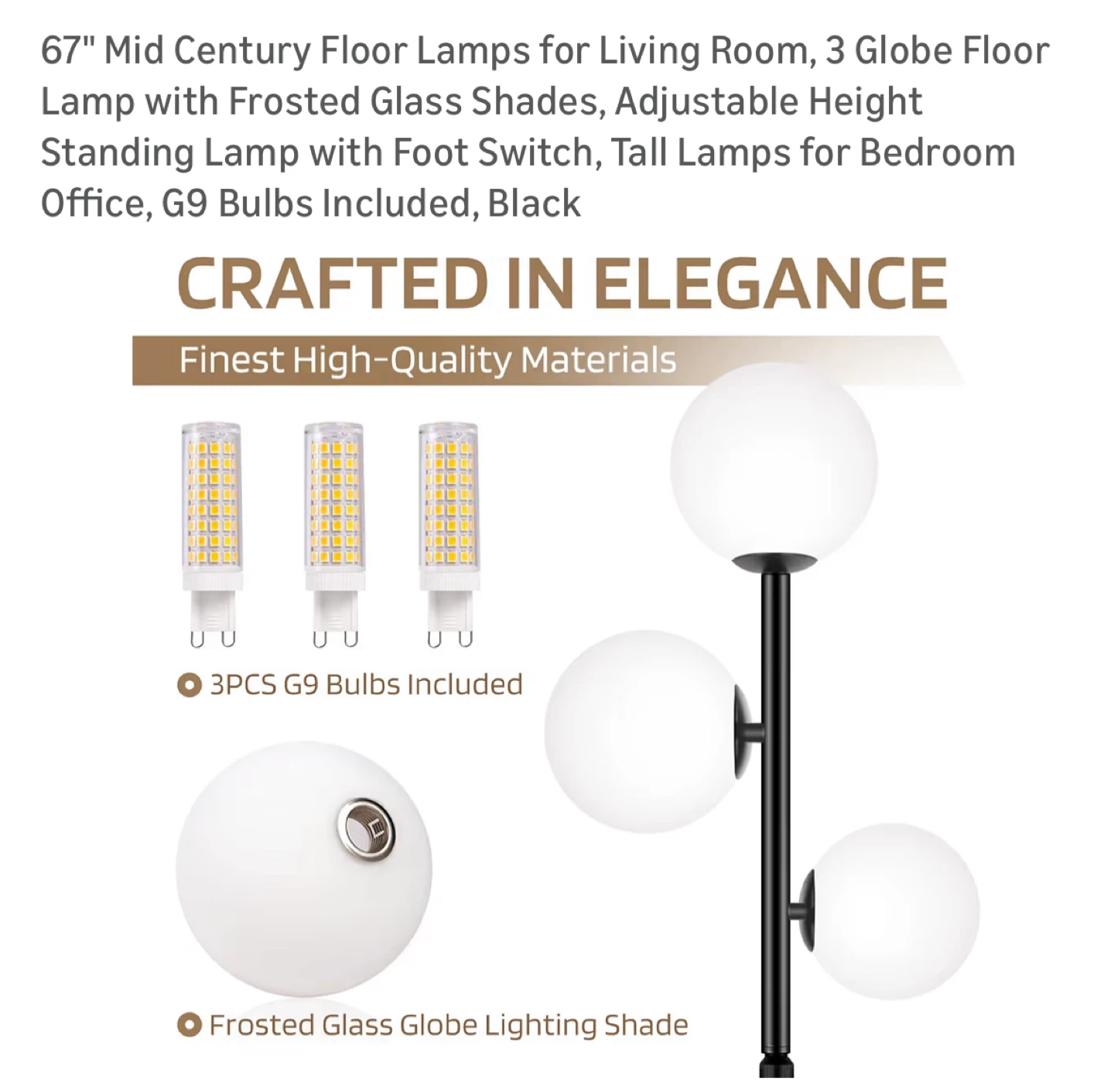 67" 3-Globe Floor Lamp - Black, Frosted Shades - photo 3