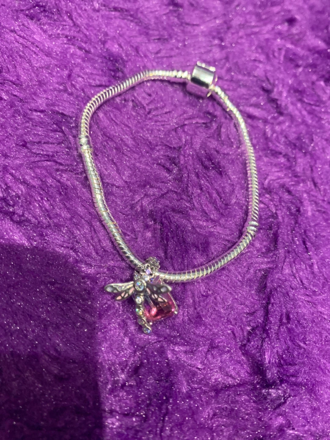 Silver S925 Bracelet with Silver Bee and Pink Gem