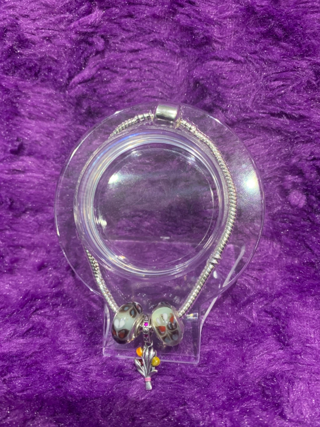 S925 Silver Bracelet with2 S925 Silver Beads+Silver Flower
