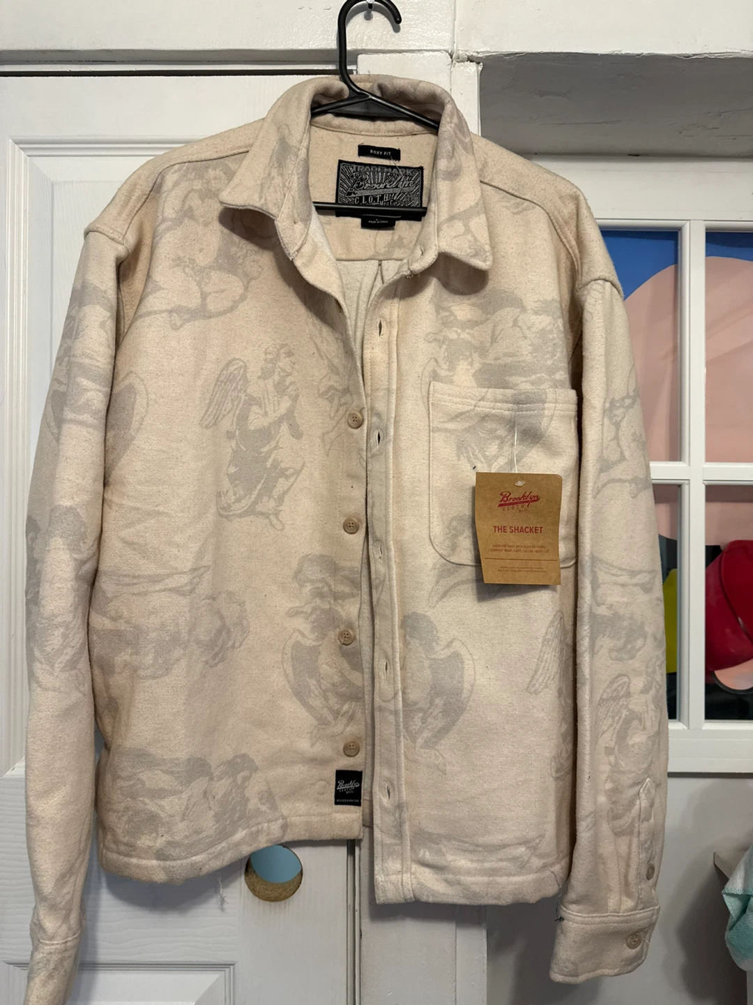 Men's Button-Up Jacket - Beige with Angel Print