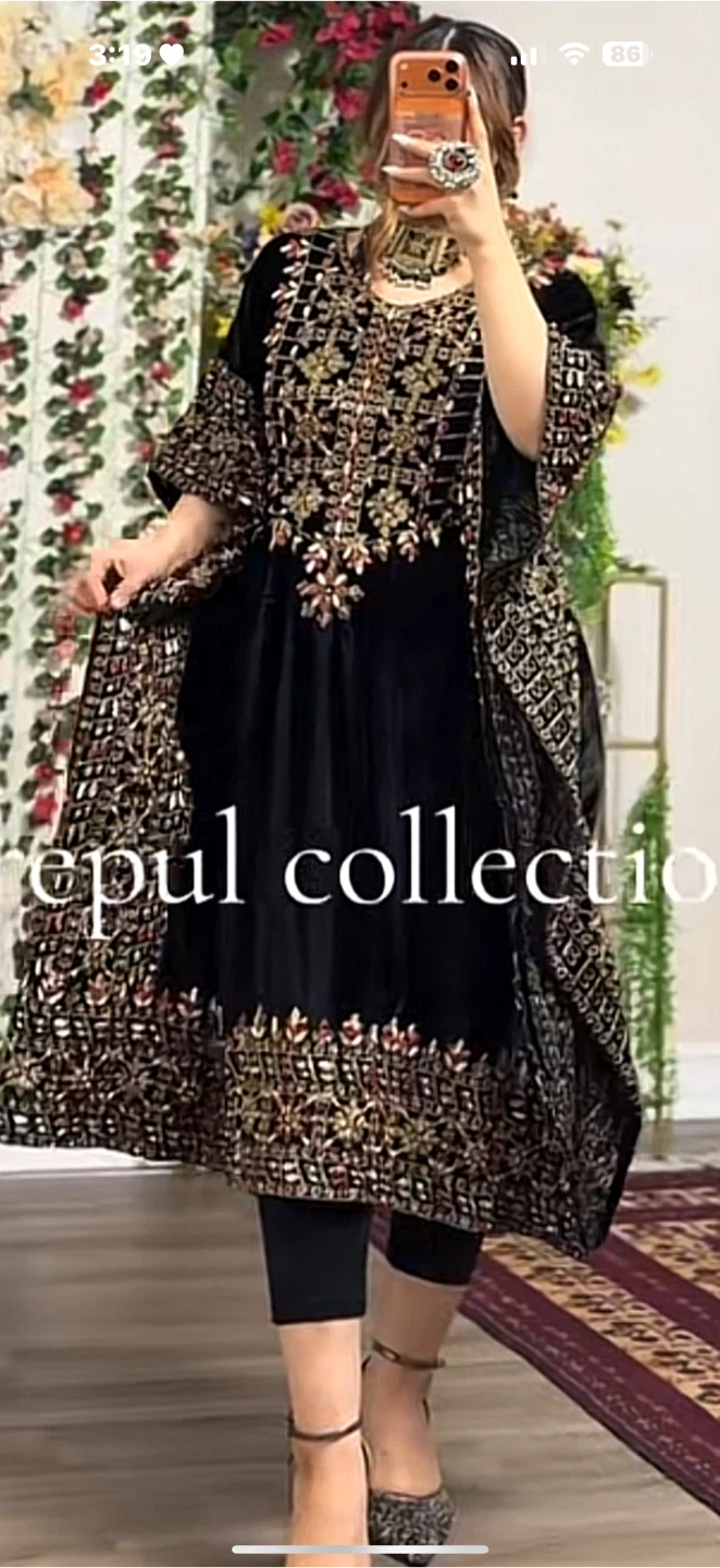 Embroidered Black Velvet Kaftan Dress