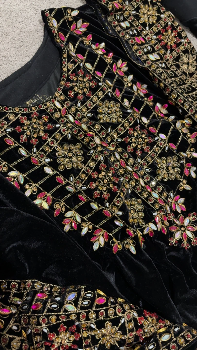 Embroidered Black Velvet Kaftan Dress - photo 2