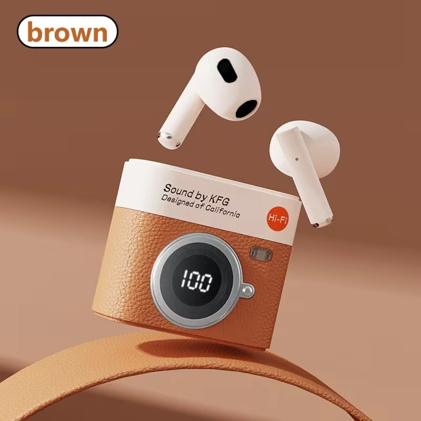 KFG True Wireless Earbuds - Brown Retro Camera Design