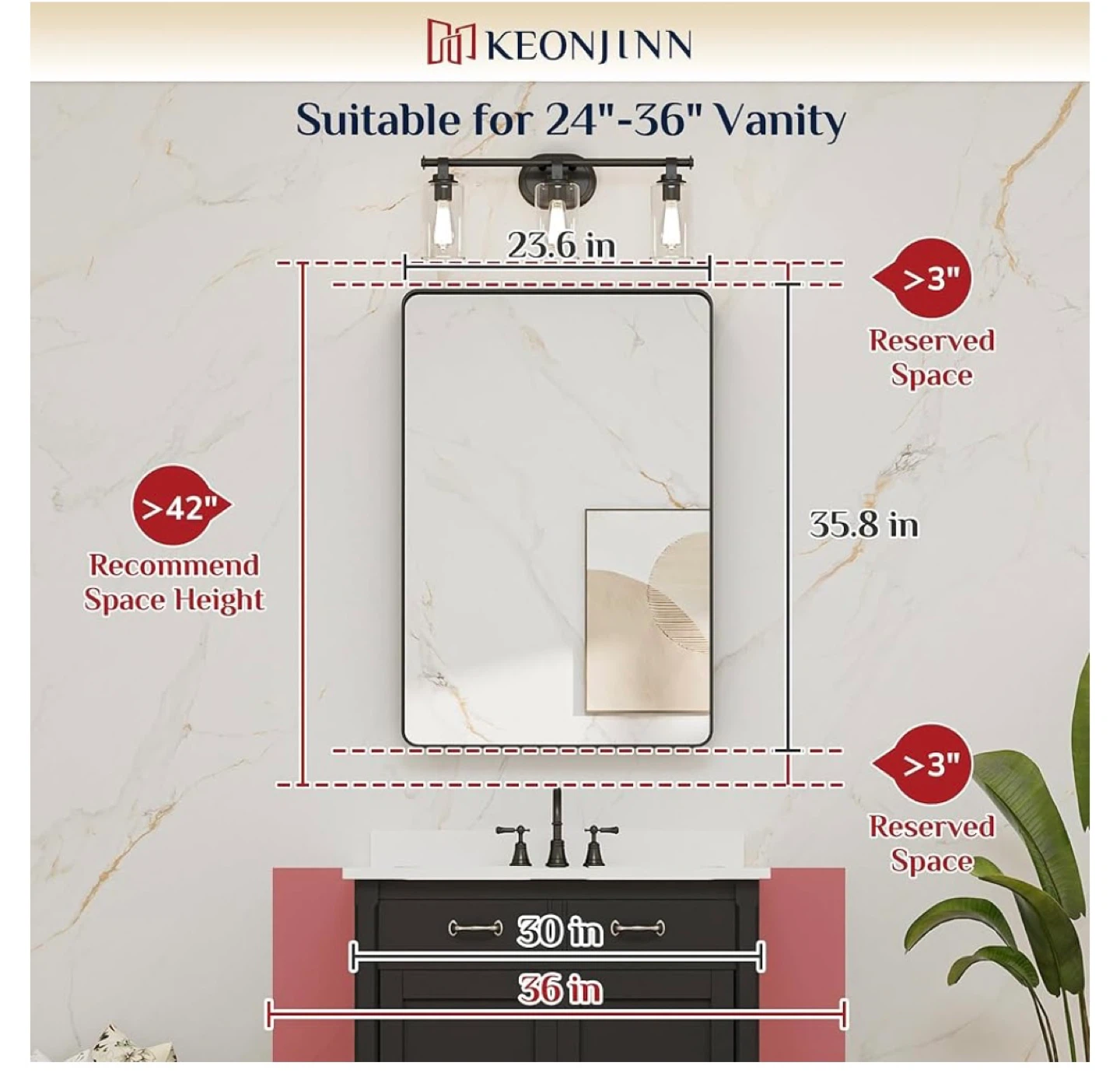 KEONJINN Rectangular Bathroom Mirror - Black Metal Frame - photo 2