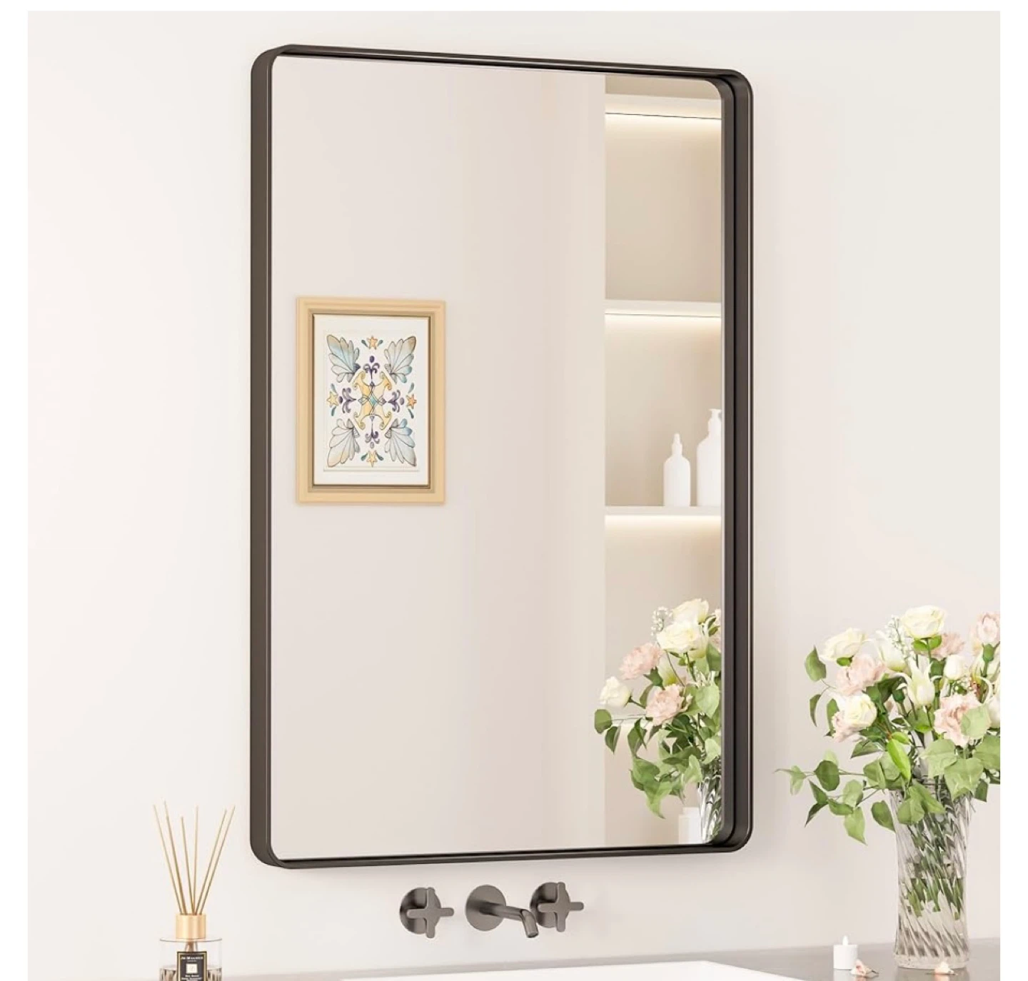 KEONJINN Rectangular Bathroom Mirror - Black Metal Frame
