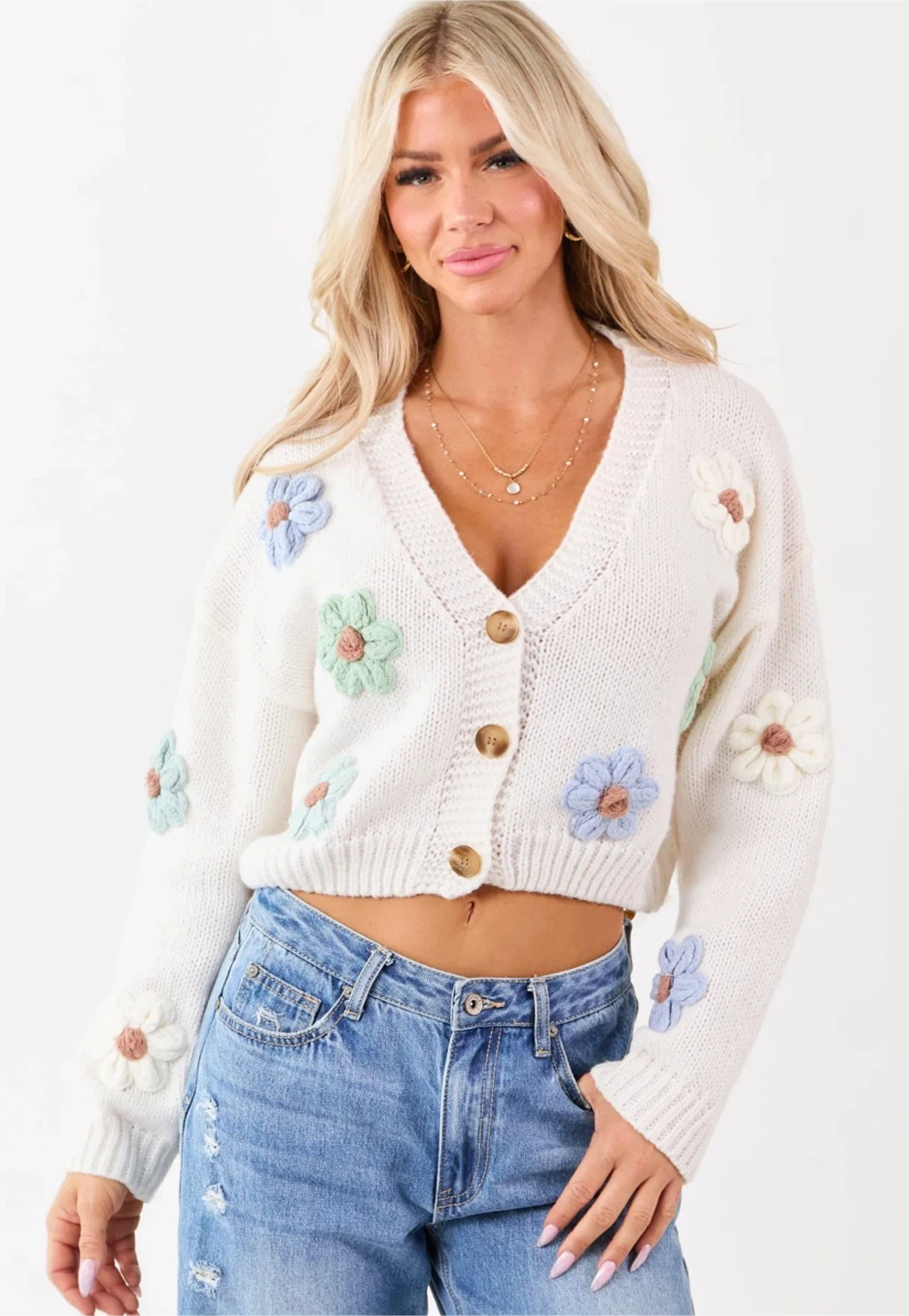 CIDER Cream Floral Knit Button-Up Cardigan - photo 4