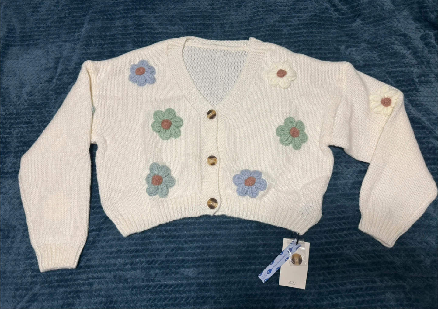 CIDER Cream Floral Knit Button-Up Cardigan