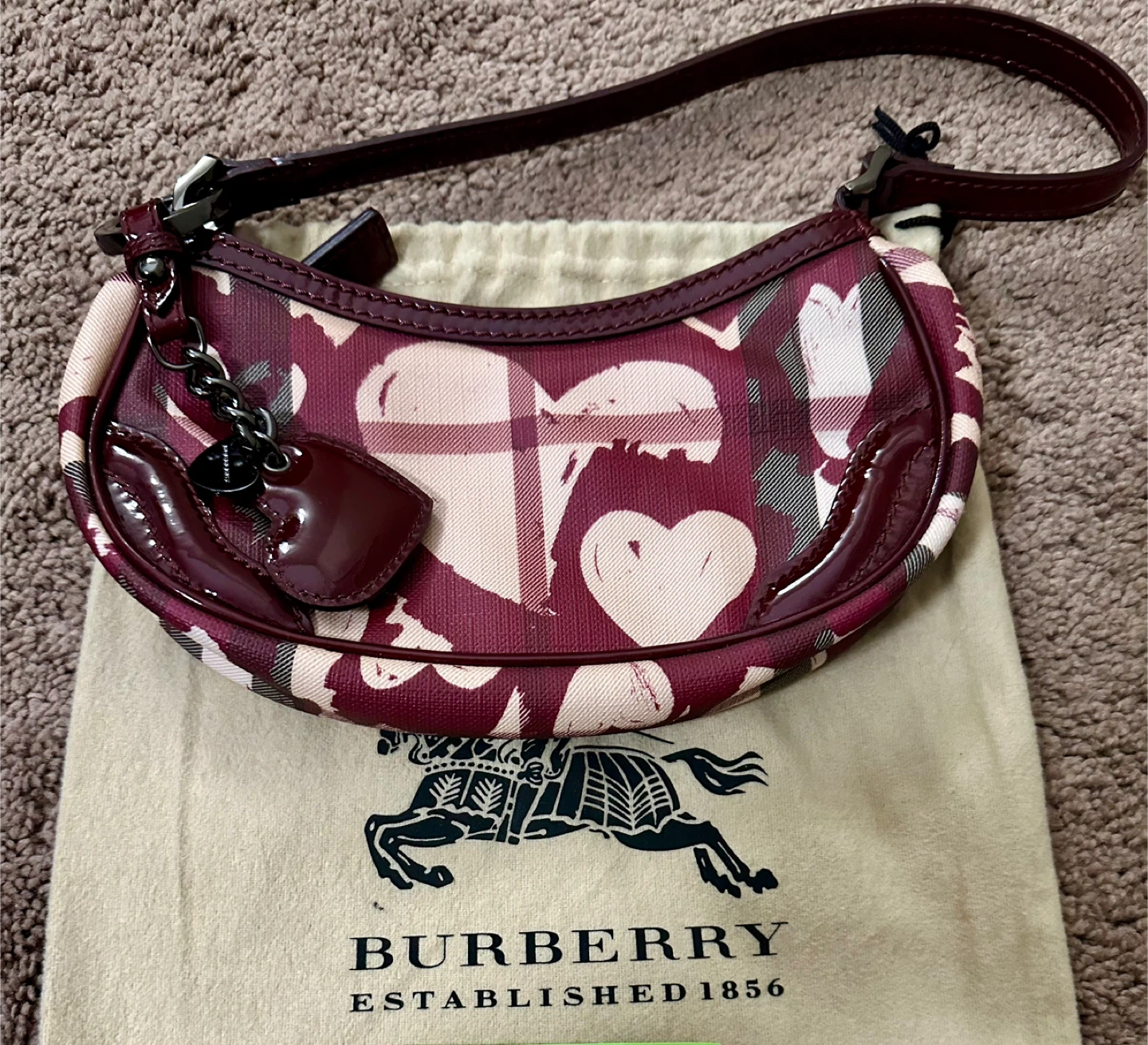 New Burberry Nova Check Heart Print Coated Canvas Shoulder Bag